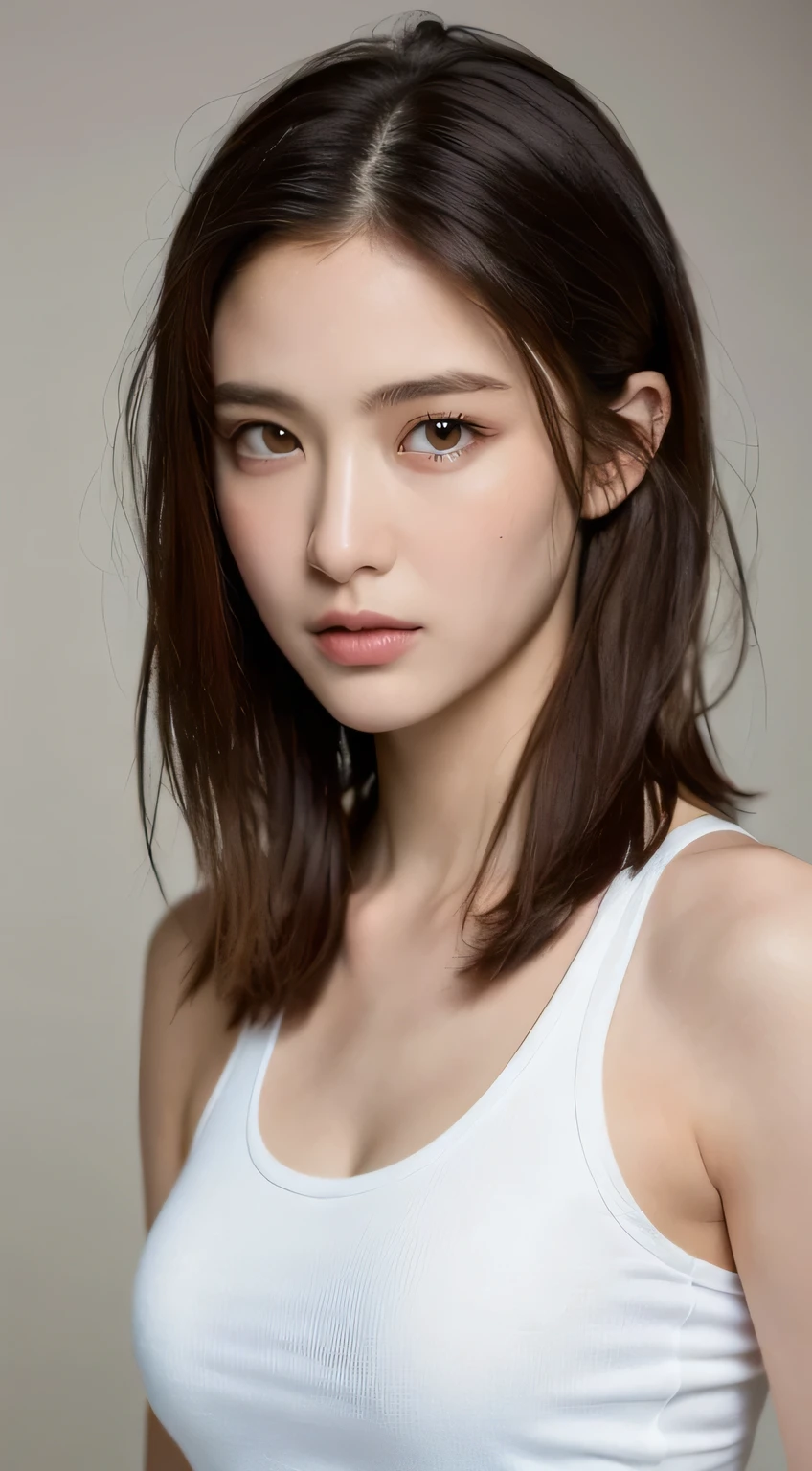 ((Highest quality, 8K, masterpiece :1.3)), One girl, Beautiful woman with slim abdominal muscles :1.3, (Random Hairstyles :1.2), Oversized tank top :1.2, Highly detailed face, Fine grain, double eyelid, Underarm