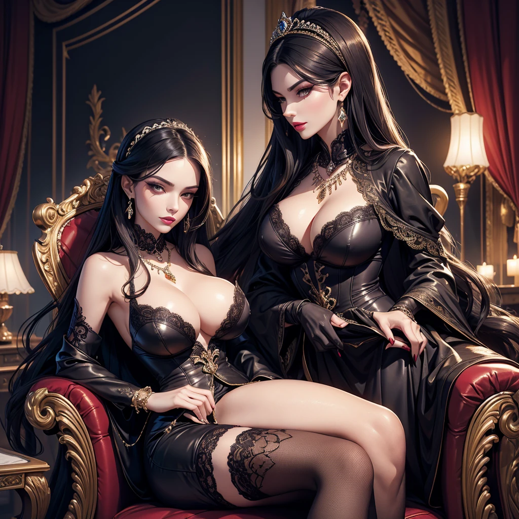 in the style of the fantasy genre, masterpiece, aristocrat girl, beautiful, slender, sexy, beautiful face, perfect face, detailed face, makeup, bright lipstick, dark shadows, long hair, aristocratic hairstyle, seductive facial expression, sexy face, big breasts, huge breasts, necklace, in the living room, on an armchair, expensive rich luxurious interior, sexy pose, seductive pose, rich luxurious expensive fantasy style dress, lace stockings, erotica, hentai, high detail, high quality,