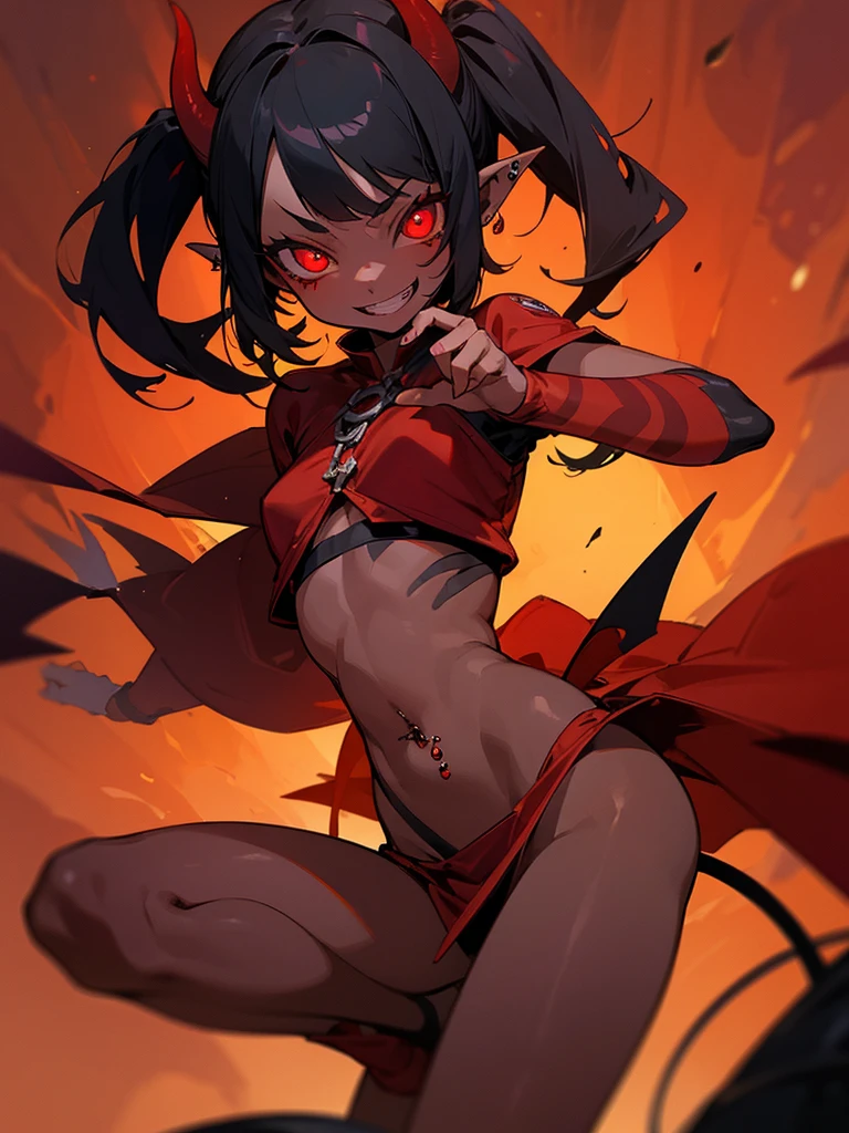 masterpiece, best quality, demon girl, red skin, very young girl, , red skin, red eyes, dilated pupils, glowing eyes, pointed teeth, pointed ears, horns, black hair, evil grin, navel piercing, demon wings, demon tail