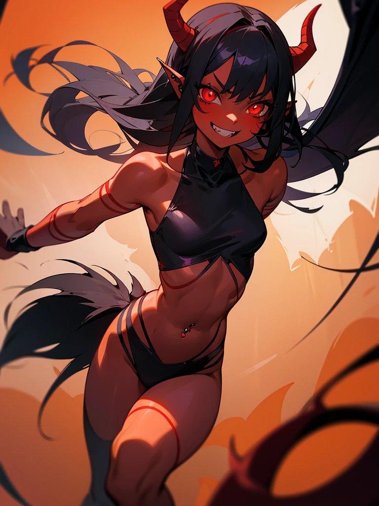 masterpiece, best quality, demon girl, red skin, very young girl, , red skin, red eyes, dilated pupils, glowing eyes, pointed teeth, pointed ears, horns, black hair, evil grin, navel piercing, demon wings, demon tail