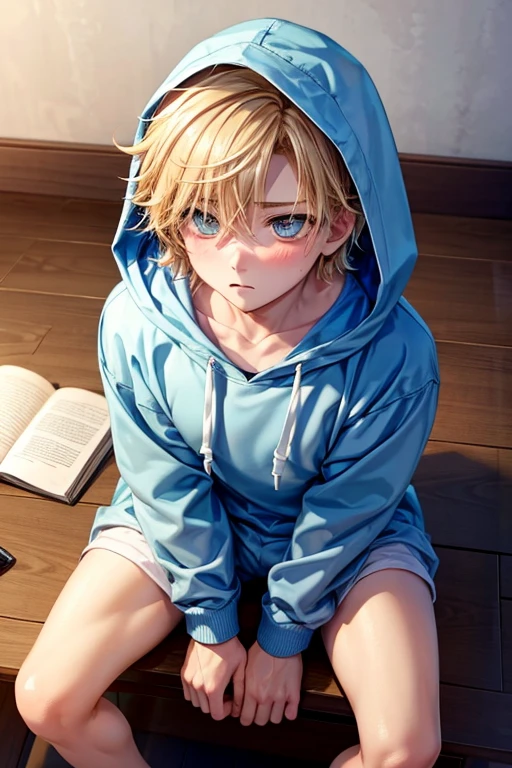1 boy , cute guy, blushing, short hair , blond , fluffy hair, sit down , cute , submissive, baby blue hoodie