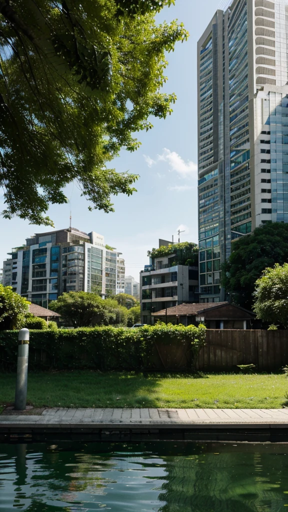 Create an image of a serene city landscape that embodies a capitalistic green utopia. The city should feature advanced, eco-friendly architecture and lush greenery integrated throughout. Include clear, blue skies and vibrant, colorful birds peacefully coexisting within the scene. Capture the tranquility and harmony of this utopian city, with elements such as solar panels, clean energy sources, parks, and community gardens seamlessly woven into the urban environment.