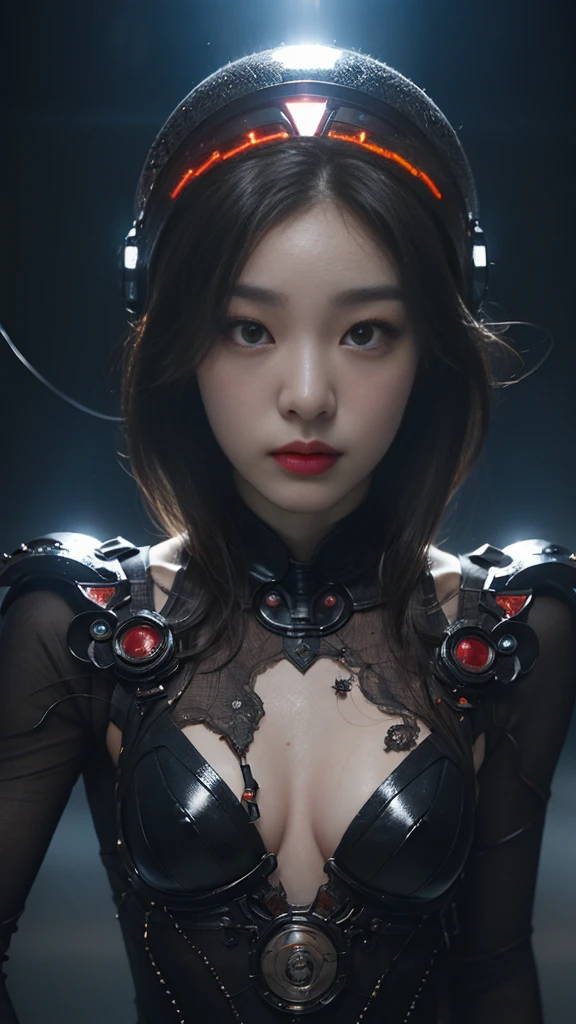 (기계1 girl과 외계인 1명)、(mystical expression)、top quality、masterpiece、Super high resolution、(realistic:1.4)、((heavy chest)),raw photo、1 girl、shiny skin、(((1 Mechanical Girl)))、((transparent crystal suit bodysuit、the body can see through)).(natural alien background to fight aliens)、(Compact LEDs)、((매우 realistic 디테일))),world lights、shadow、octane render、8K、very sharp、desk person background、giant 、Raw skin exposed in cleavage、red metal、Details of intricate ornaments、Japan Details、very intricate details、realistic light、(mystical expression),CG Society Trenlow Eyes、Shining eyes towards the camera、Mechanical peripheral blood vessels connected to tubes with neon details)、(Wires and cables connected to the head)、Compact L,mechanical thighs、Two-Stock、(Hands were also made by machines)、、alien from the future、Please wear a mechanical helmet.、