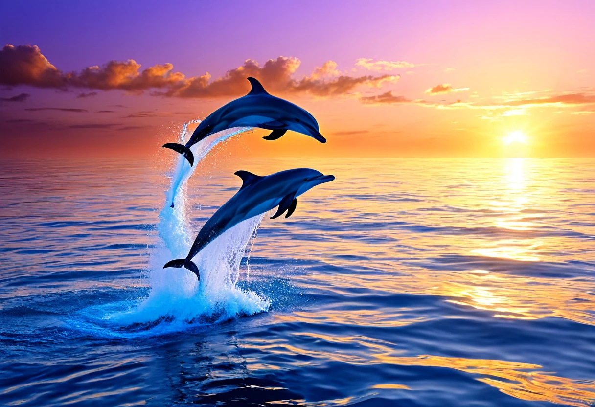 two Dolphins jumping out of the water At sunset, Digital rendering by Tom Weinerstrand, Shutterstock, Fine art, Dolphins jumping, Dolphins swimming, Dolphins, Sunset Sunrise, Dolphin swimming, beautiful、dream-like、Breathtaking, うわーそれはbeautifulです, Dolphin, beautiful傑作, beautiful景色, In the sunset, 息を呑むほどbeautiful, High Resolution Art, At sunset, beautiful景色