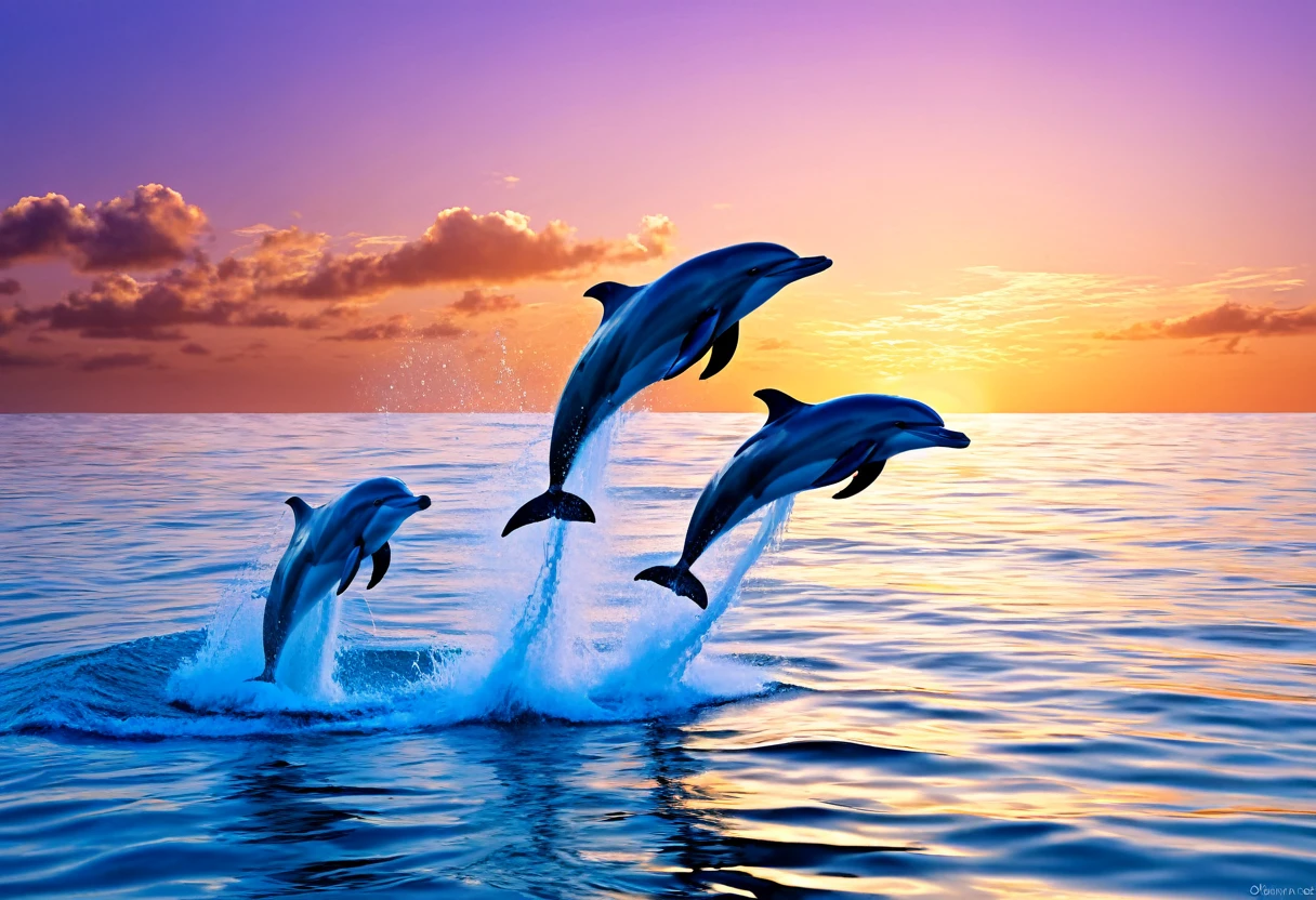 two Dolphins jumping out of the water At sunset, Digital rendering by Tom Weinerstrand, Shutterstock, Fine art, Dolphins jumping, Dolphins swimming, Dolphins, Sunset Sunrise, Dolphin swimming, beautiful、dream-like、Breathtaking, うわーそれはbeautifulです, Dolphin, beautiful傑作, beautiful景色, In the sunset, 息を呑むほどbeautiful, High Resolution Art, At sunset, beautiful景色