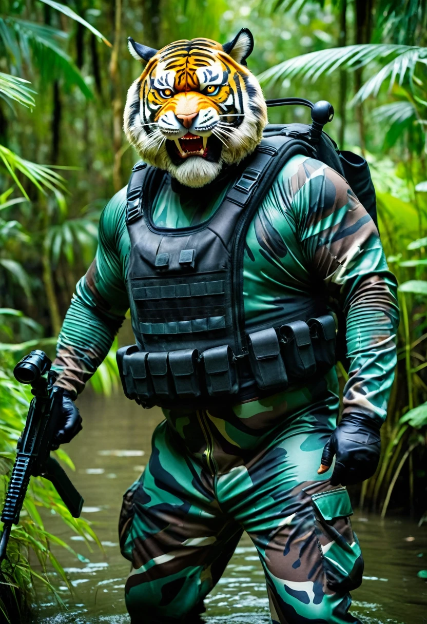 (a dark-skinned bearded fat muscular old man in a bulky army camouflage zipper diver suit), and (wearing realistic roaring siberian tiger mask), patrolling in a jungle and shooting sniper rifle, muscular, Bruce Onobrakpeya, sumatraism, stanley artgermm, action, heroic, fierce, snarling