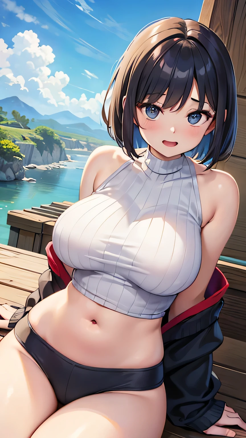 Tabletop, Highest quality, Realistic, In detail, High resolution, 8k wallpaper, Perfect dynamic composition, Beautiful details, Bob Cut Hair, Big ample breasts, Random sexy poses,Chest to chest、(Open Chest Crop Tank Top Knitwear Clear Clave,red)、(Breast swelling 1.2)、Laughter、Open your mouth、Resort scenery、Age 25、(Droopy Eyes 1.4)、 beauty、Japanese,