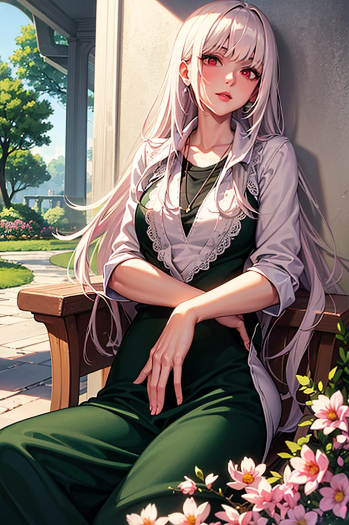 An albino woman with red eyes, extremely long hair, dressed in white with flowers, pink lips, calm look, He is 40 years old. She is beautiful and sitting in a palace garden 