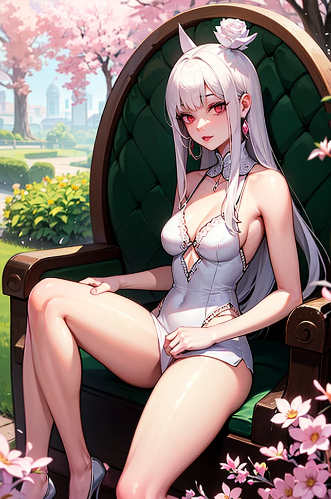 An albino woman with red eyes, extremely long hair, dressed in white with flowers, pink lips, calm look, He is 40 years old. She is beautiful and sitting in a palace garden