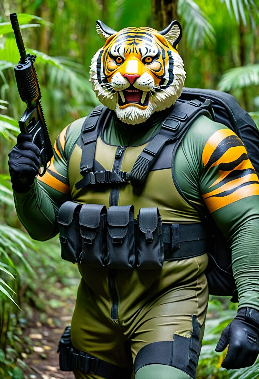 (a dark-skinned bearded fat muscular old man in a bulky army camouflage zipper diver suit), and (wearing realistic roaring siberian tiger mask) thumbs up, patrolling in a jungle and carrying sniper rifle, muscular, Bruce Onobrakpeya, sumatraism, stanley artgermm, action, heroic, fierce, snarling