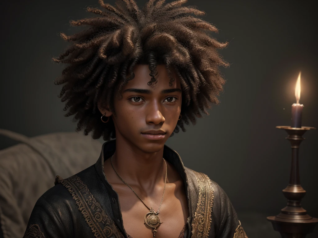 (A masterpiece, high quality, detailed CG 8k wallpaper and exquisite illustration) Miguel, a young and talented Afro-Latino sorcerer: dark, thin, curly haired, , with heterochrony, (protagonist).
