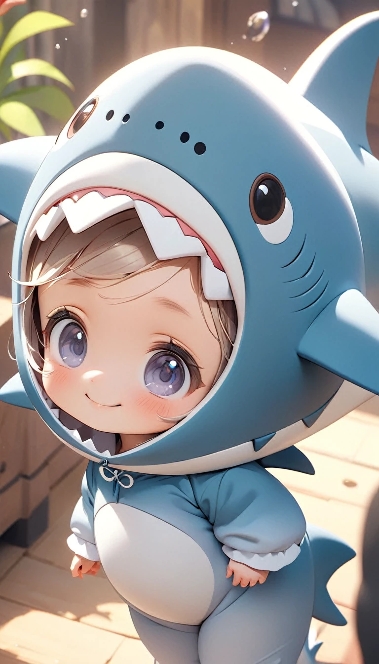 A cute , Wearing a cute shark costume, Tilt your head and look at people with a smile.Close-up of character( Perfect anatomical structure ) Beautiful and extremely fine texture,detailed, bright, Animation style high definition and high quality presentation