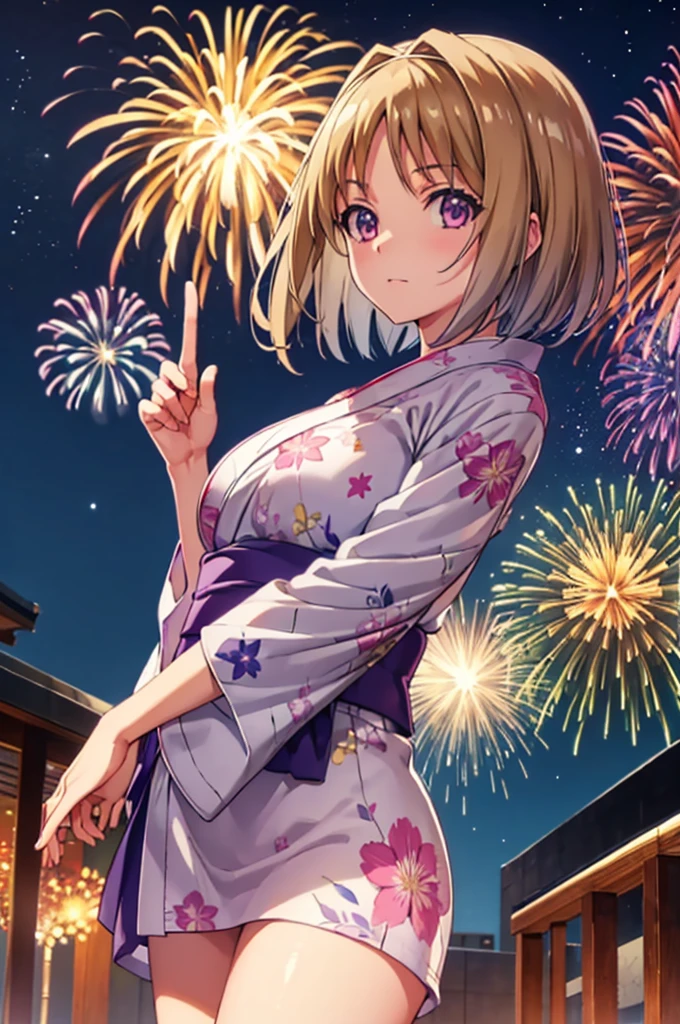 (masterpiece:1.3), (best quality:1.1), (8k, ultra detailed, ultra high res:1.2), ((anime style)), (perfect 5 fingers, perfect anatomy:1.1), 
1girl,
Kushida Kikyou, 
BREAK short hair, bronze hair, purple eyes,
large breasts, looking at viewer, cowboy shot, BREAK detail background, outdoor, outside, (floral pattern yukata:1.2), (late night:1.2), sky, (fireworks in night sky:1.1), (night sky:1.1), big fireworks, 