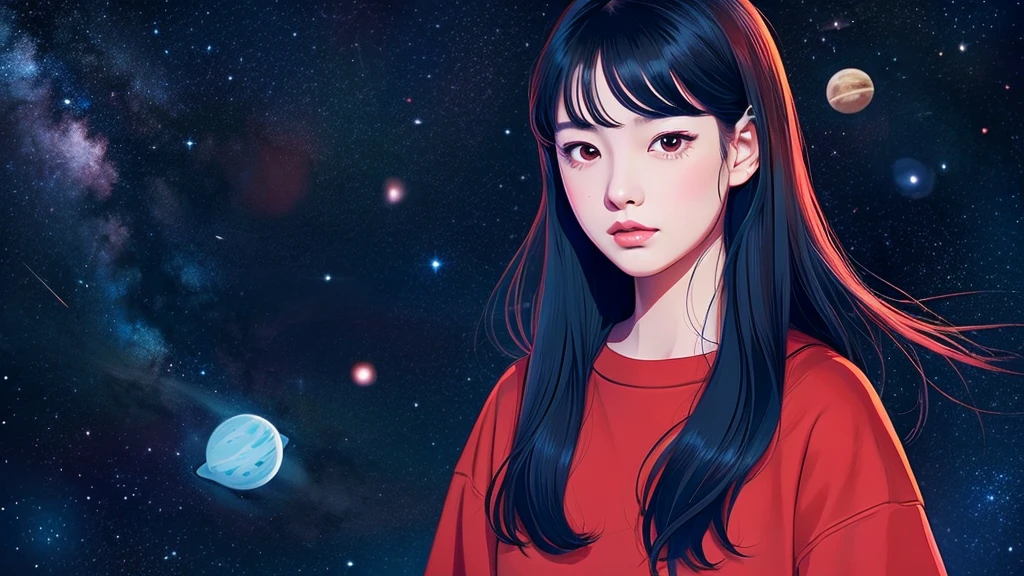 Asian girl in alien space between the North Star and the Big Dipper、Realistic anime illustrations、Long black hair、Red Eyes、Red clothes