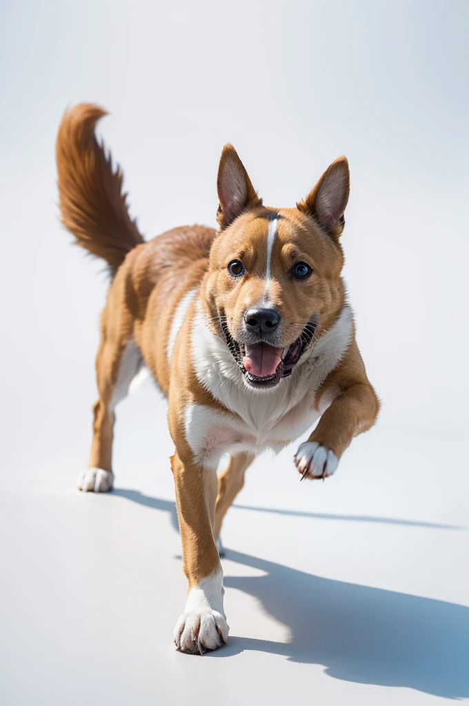 Cartoon dog running away with frightened expression on white background