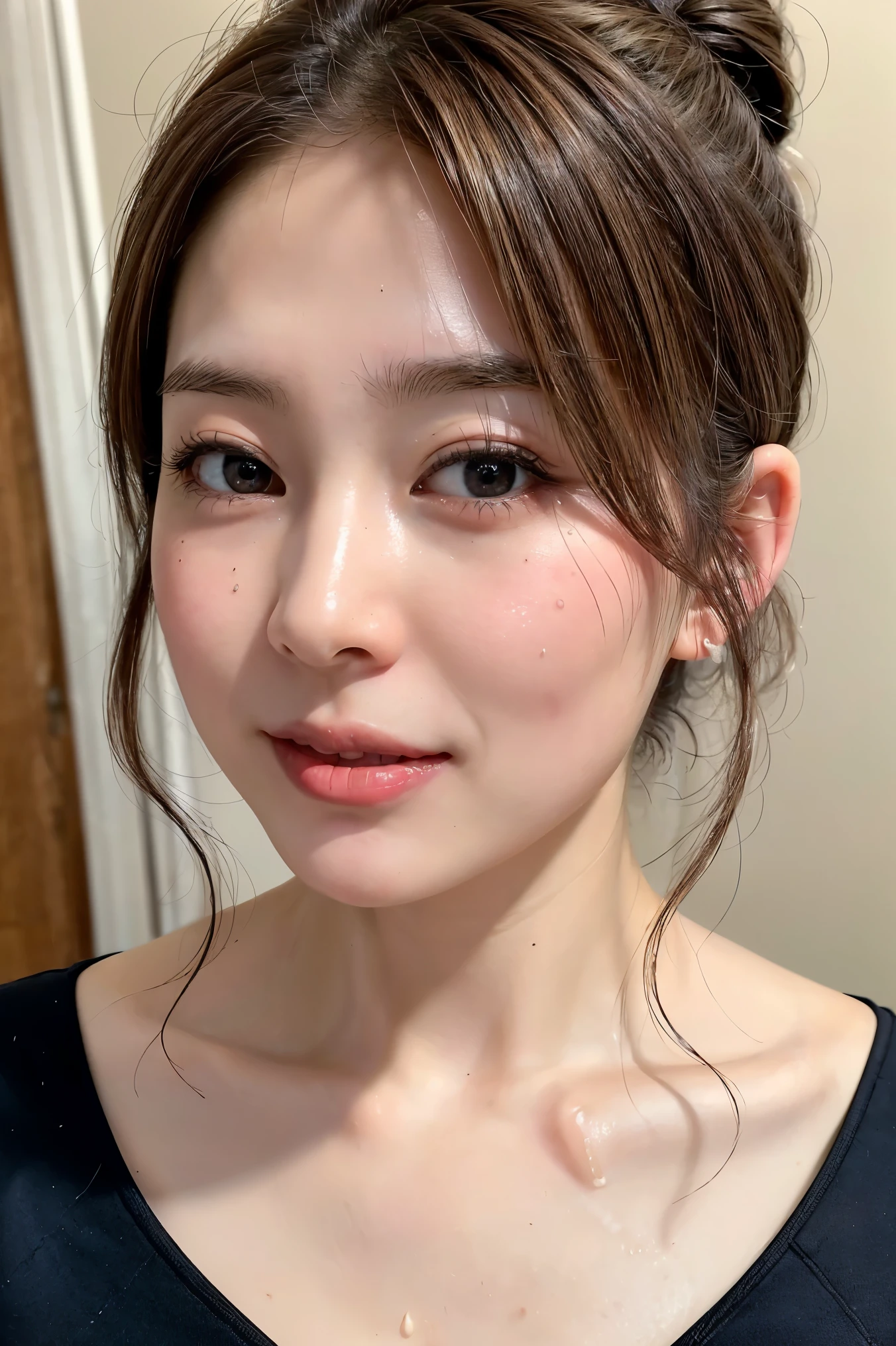 (Realistic:1.3、Ultra HD、Ultra-high resolution、8K、Japanese Housewife、寝室でBlowjobチオをするMature Woman:1.5、At the bed)、((Look Viewer:1.8))、(Extremely realistic skin texture:1.4)、(Realistic:1.3)、short hair、((Embarrassed expression:1.5))、(blonde:1.5)、48-year-old woman、Mature Woman、Ponytail Hairstyles、(Brown eyes:1.3)、(Face close-up:1.38)、(Sweaty:1.2)、(Nipplesを見せる)、((衣服から突き出たNipples,))、dress、美しいNipples、Nipples、(Shooting from the side:1.1)、Drooling、((Facial:1.4、Blowjob、Facial ejaculation:1.4、Bukkake))