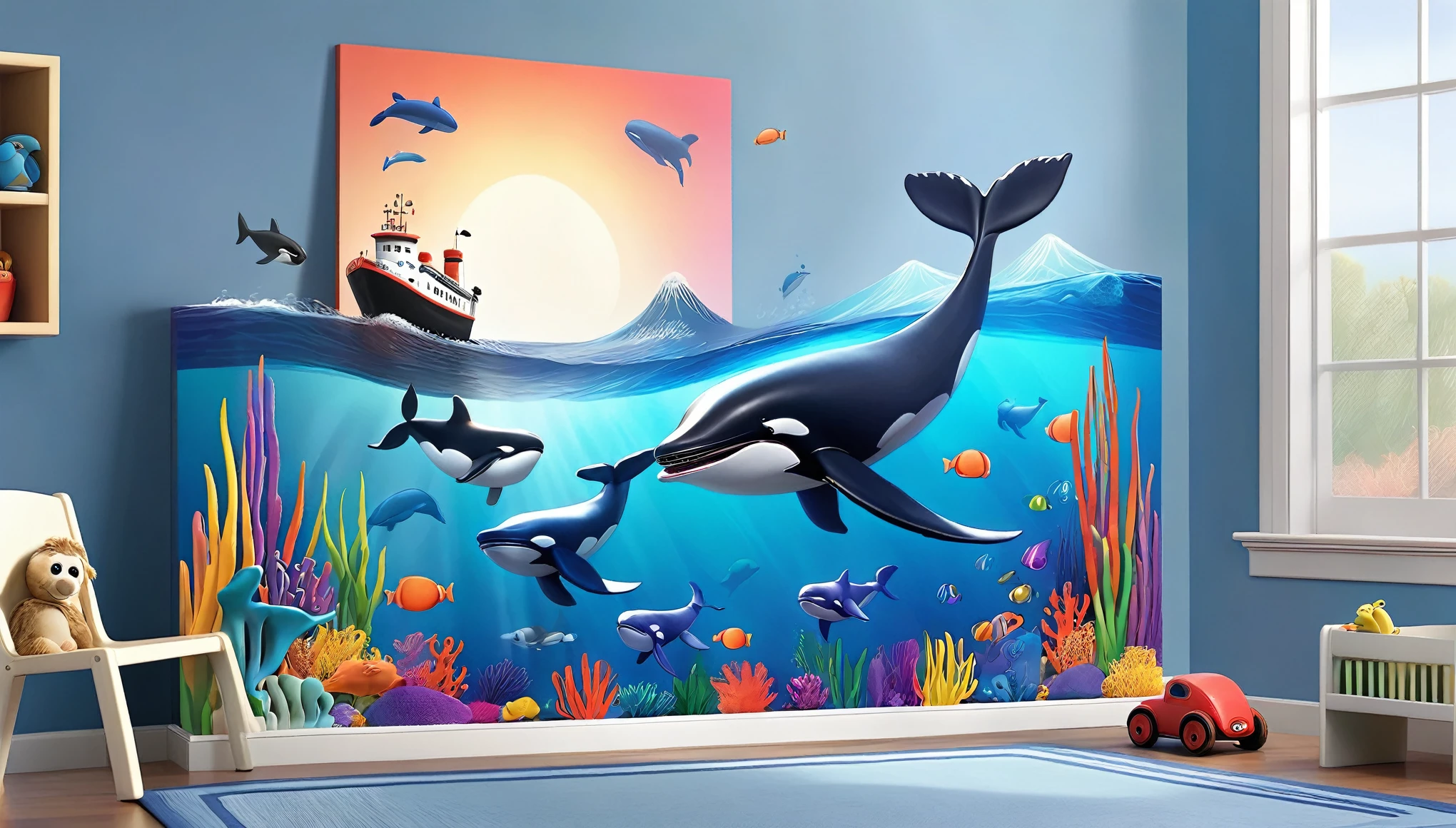 Create a 3-D Pixar style art scene for kids featuring various whales like blue whales, humpback whales, and orcas. The scene should be colorful and vibrant, with an ocean background, coral reefs, and schools of fish. The overall mood should be engaging and inviting for  children.