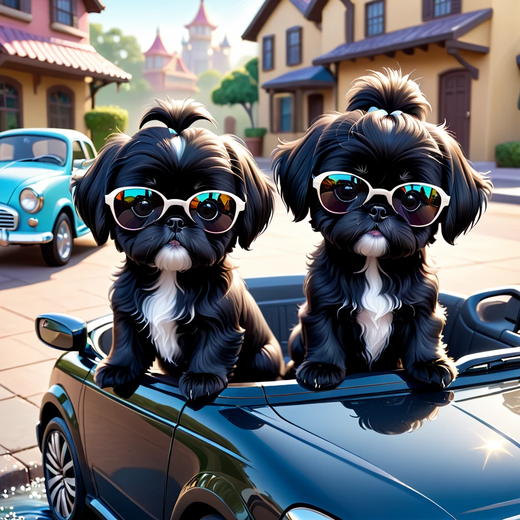 2 Adorable small black Shih Tzu puppies wearing sunglasses washing car Disney background 3d cartoon 3d render disney pixar style