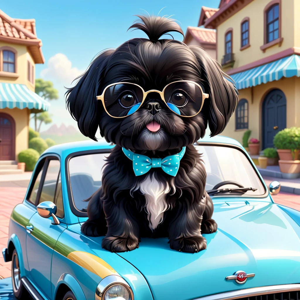 2 Adorable small black Shih Tzu puppies wearing sunglasses washing car Disney background 3d cartoon 3d render disney pixar style