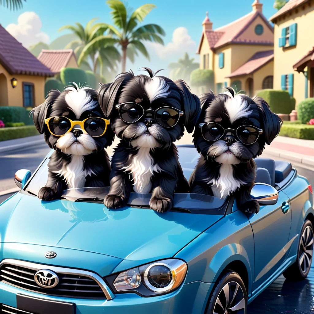 2 Adorable small black Shih Tzu puppies wearing sunglasses washing car Disney background 3d cartoon 3d render disney pixar style