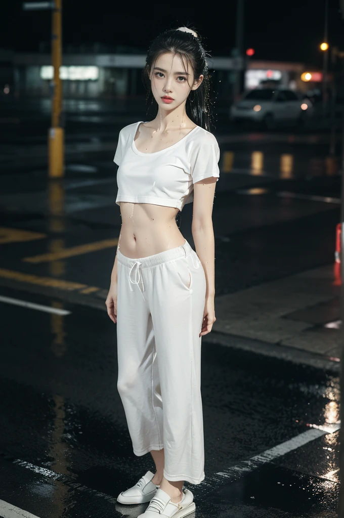 (((best quality))),(((ultra detailed))),(((masterpiece))),illustration,1girl, young,solo, slim,thin,short ponytail,small breasts,flat chest,white collared shirt,(briefs:1.3),thighs,slender legs,boots,standing,rainy night, heavy rain, drenched clothes, melancholy expression, solitude, tear rolling down cheek, wet hair, empty streets, dimly lit, deserted environment, sound of rain, footsteps, symbol of hope, abandoned, resilience, determination, walking in rain, heartbreak, loss, love fading, loneliness, body language, facial expression, dreary atmosphere, rain-soaked streets, somber mood, viewer engagement,full body