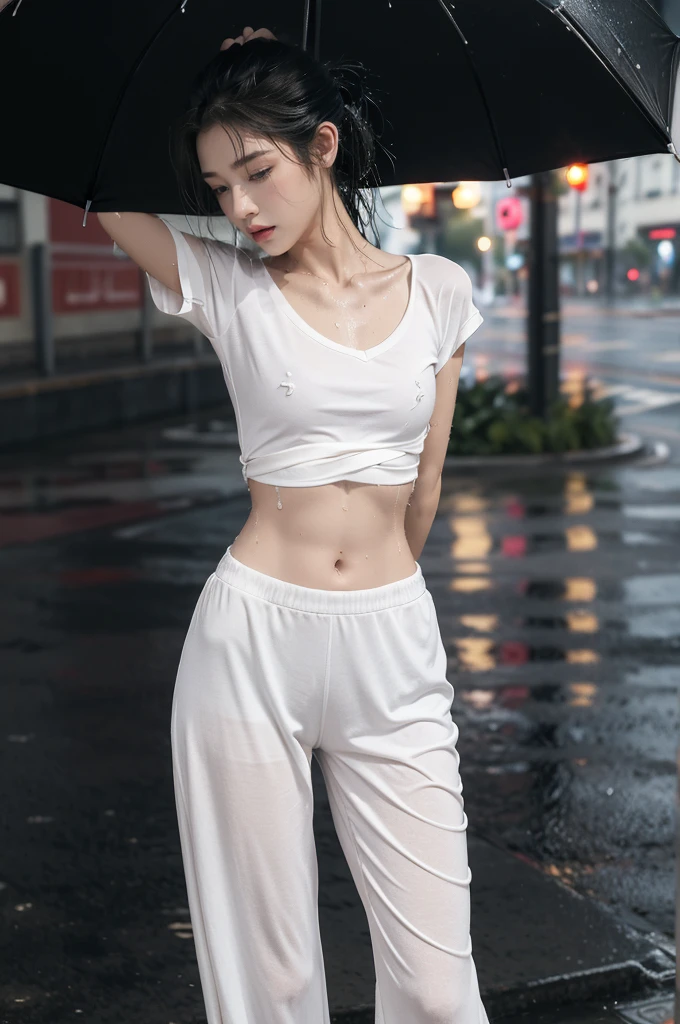 (((best quality))),(((ultra detailed))),(((masterpiece))),illustration,((1 beautiful girl,solo)),((slim,thin)),short ponytail,((small breasts,flat chest)),white short-sleeved shirt,navel,pink floral pants,slender legs,white socks,slippers,rainy night, heavy rain, drenched clothes, melancholy expression, solitude, tear rolling down cheek, wet hair, empty streets, dimly lit, deserted environment, sound of rain, footsteps, symbol of hope, abandoned, resilience, determination, walking in rain, heartbreak, loss, love fading, loneliness, body language, facial expression, dreary atmosphere, rain-soaked streets, somber mood, viewer engagement,from front,urban scape,night scene,(((wet,sweat,shiny skin))),((from front,upper body,standing,arms behind back)),