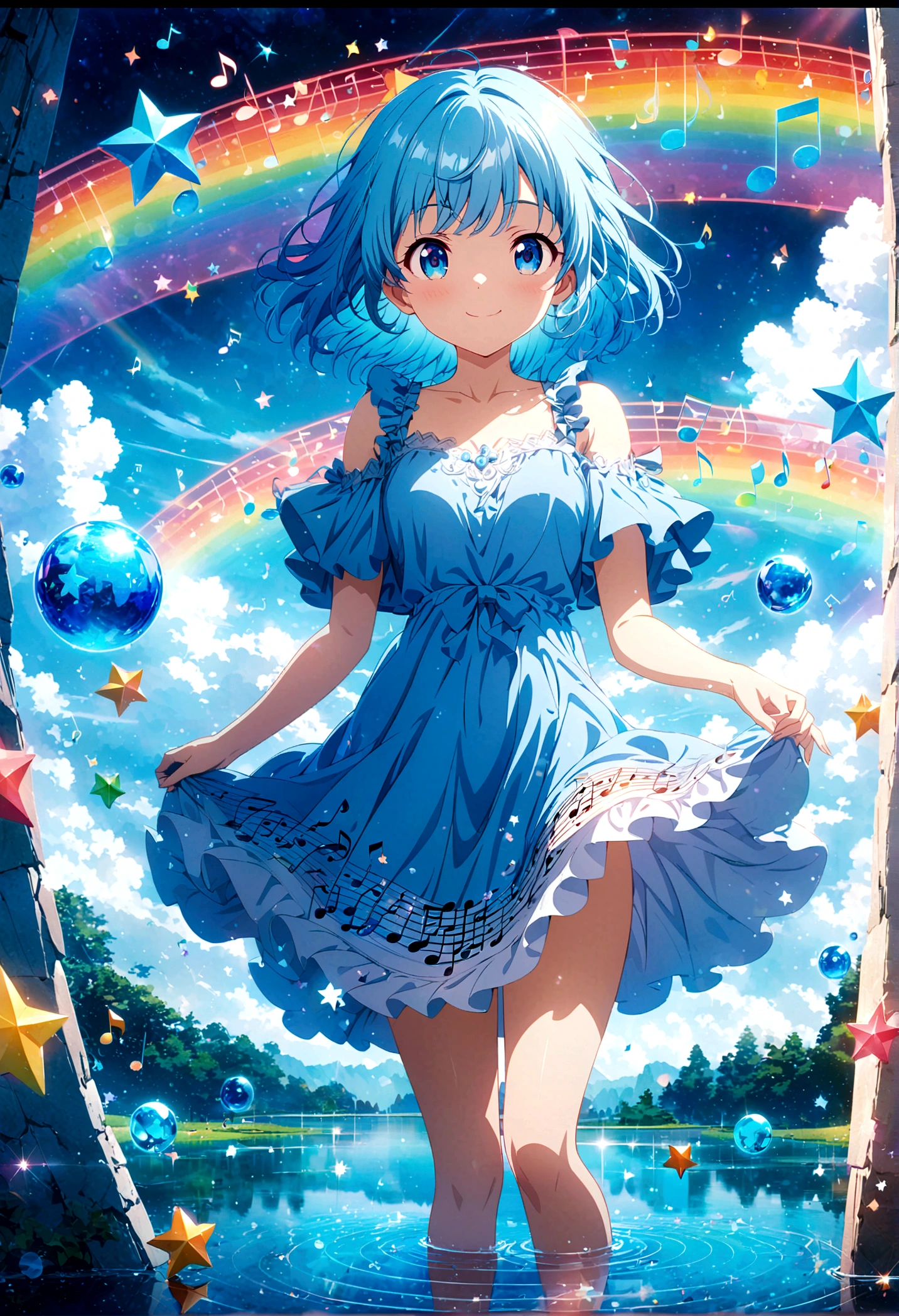 Anime style, ultra-detailed, 8K CG, blue-haired girl, smile, blue world, mysterious blue objects floating, star, (musical note), rainbow, blue dress, reflection