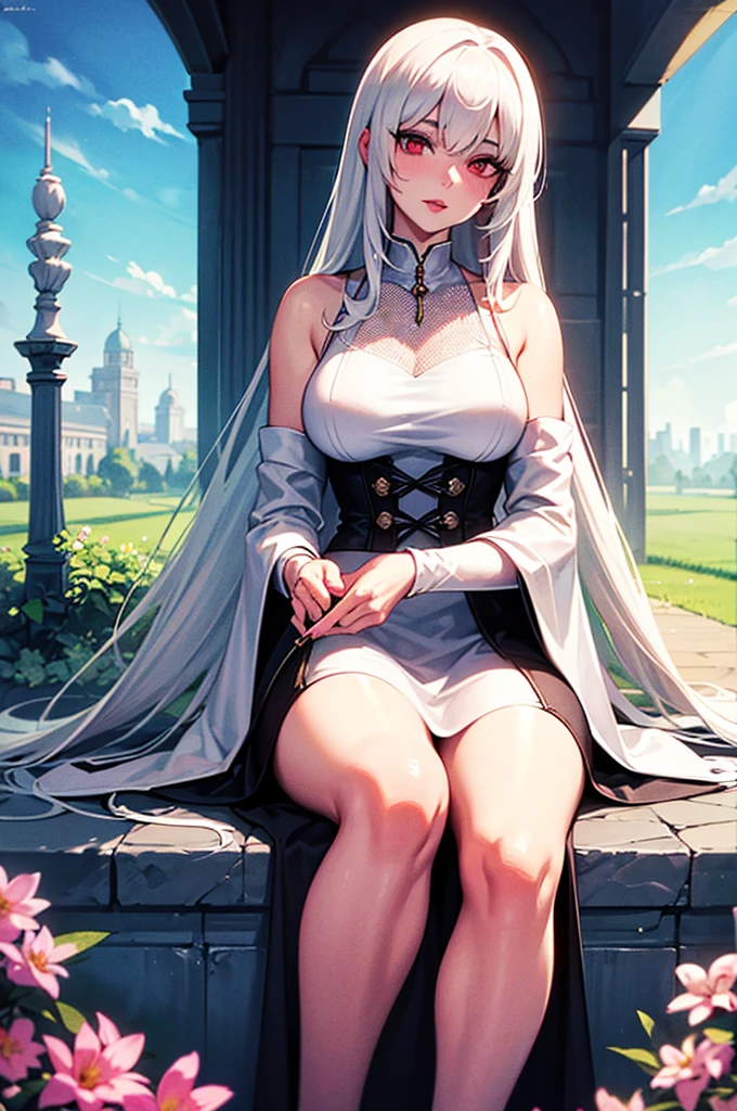 An albino woman with red eyes, extremely long hair, dressed in white with flowers, pink lips, calm look, He is 40 years old. She is beautiful and sitting in a palace garden
