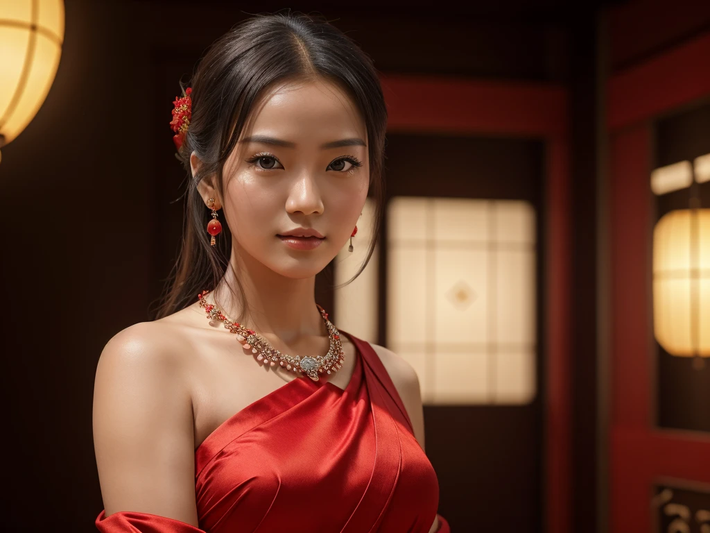 best quality, masterpiece, highres, 1girl, china hanfu,chinese architect background, red scarf, hair ornament,necklace, jewelry,Beautiful face,upon_body, tyndall effect,photorealistic, dark studio, rim lighting, two tone lighting,(high detailed skin:1.2), 8k uhd, dslr, soft lighting, high quality, volumetric lighting, candid, Photograph, high resolution, 4k, 8k, Bokeh,red dress girl