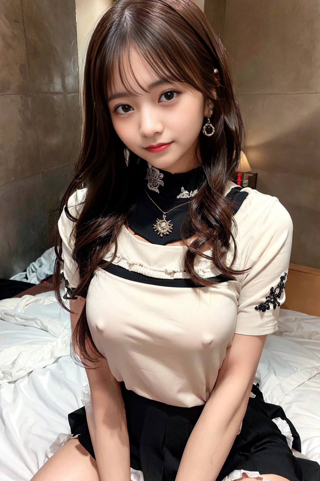 masterpiece, top quality, best quality, realistic, unity, 8k wallpaper, official art, extremely detailed CG unity 8k wallpaper, ulzzang-6500, (original:1.2), (realistic:1.4), ultra detail, high resolution, ultra detailed,amazing, fine detail, cinematic lighting, (1 cute girl:1.4 ), 18-year-old, (black hair:1.4), long hair, bangs, (realistic skin:1.2), (light skin:1.2),(huge breasts), beautiful girl with beautiful details, extremely detailed eyes and face, eyes with beautiful details, huge file size, ultra detailed and beautiful, blushing, ashamed,(smile:1.3), black eyes, full body shoot, earings, chain necklace, loft apartment, ((sitting on the bed)),(almost empty room),(shiny skin),(glossy skin), (sweaty skin),(high detailed skin:1.2),realistic body, perfect anatomy, (best shadow), BREAK (silk clothes):1.2, (insanely detailed clothes):1.2, (school uniform):1.4, (white shirt), (black pleated skirt)