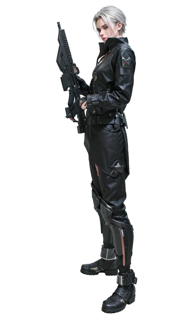 (RAW shooting, Photoreal:1.5, 8k, highest quality, masterpiece, ultra high resolution), perfect dynamic composition:1.2, Highly detailed skin and facial textures:1.2, Slim male ninja:1.3, Fight:1.2, beautiful and aesthetic, strong and powerful, perfect style:1.2, Fair skin, very beautiful face, (Medium chest, Chest gap), (embarrassing smile, The expression on your face when you feel intense caress, Facial expression when feeling pleasure), (Wearing cyberpunk costume:1.1), (beautiful red eyes, Eyes that feel beautiful eros:0.8), (Too erotic:0.9, Bewitching:0.9), full body shot, fantasy cloth, silver short hair, black cloths gear, Asssasin,