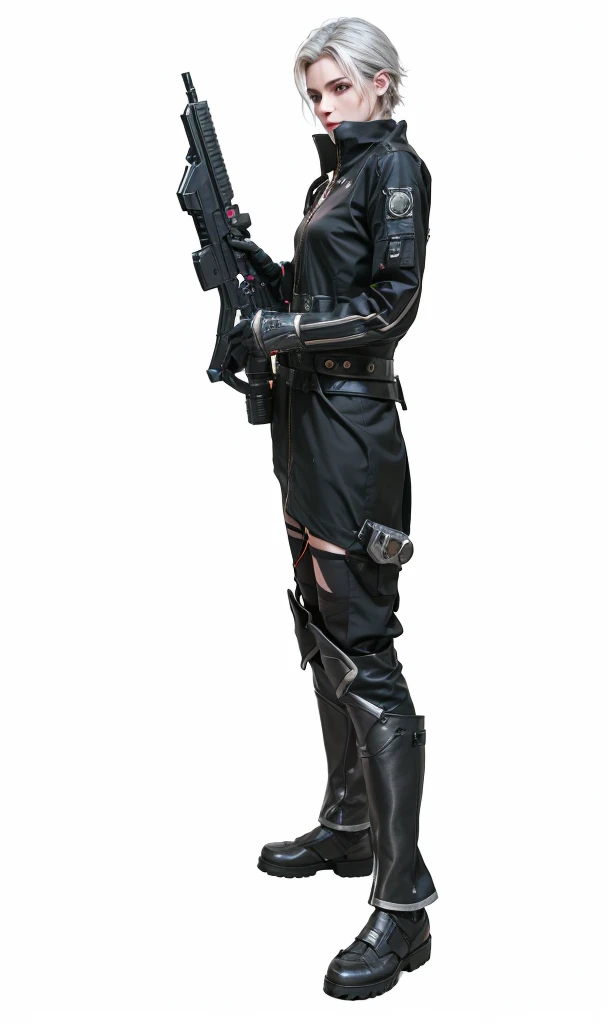(RAW shooting, Photoreal:1.5, 8k, highest quality, masterpiece, ultra high resolution), perfect dynamic composition:1.2, Highly detailed skin and facial textures:1.2, Slim male ninja:1.3, Fight:1.2, beautiful and aesthetic, strong and powerful, perfect style:1.2, Fair skin, very beautiful face, (Medium chest, Chest gap), (embarrassing smile, The expression on your face when you feel intense caress, Facial expression when feeling pleasure), (Wearing cyberpunk costume:1.1), (beautiful red eyes, Eyes that feel beautiful eros:0.8), (Too erotic:0.9, Bewitching:0.9), full body shot, fantasy cloth, silver short hair, black cloths gear, Asssasin,