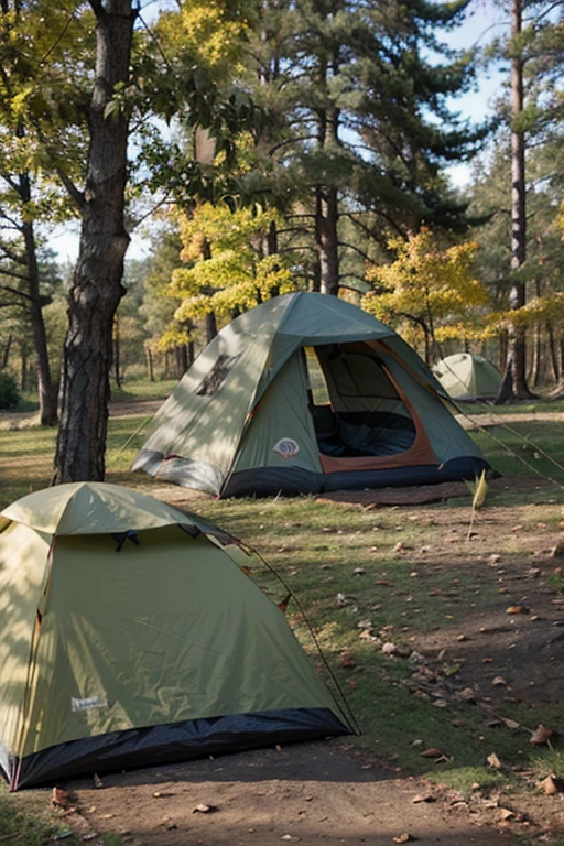 Camping with tents, autumn forest,