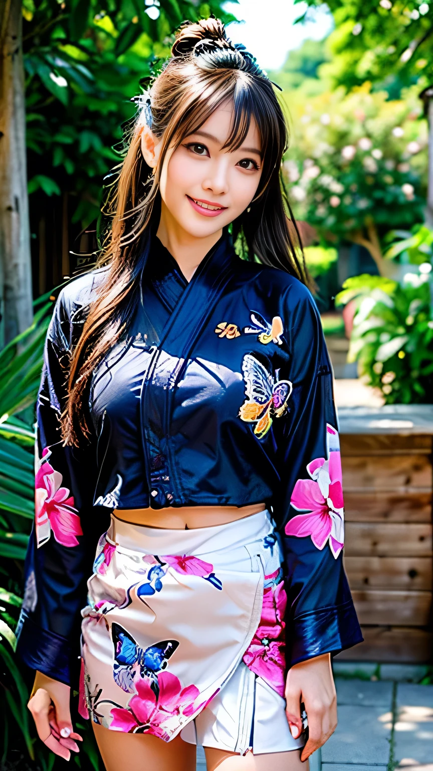 seed;88117315,((Full Body Angle))、Front hair:1.3))、((Highest quality, 8K, masterpiece: 1.3)), concentrated: 1.2, Cute girl 1,Nipples erect、 Perfect beauty: 1.4,Summer use 、((Flower and butterfly pattern short yukata mini skirt:1.2))、can: 1.2,Long sleeve、Randall Color、comics&Text Graphics、Black ruffle-trimmed drawstring zip blouse,1.1, Highly detailed face and skin textures, Fine grain, double eyelid, whitening skin, ,Highest quality,Ultra-high resolution,you,1 girl,alone,_Shiny_skin,Iris,necklace,((brown_length_Wavy_hair)),(lips)),eyelash,Front hairアップ、deal with,compensate,Shiny,pore,skin,Large Breasts、((smiling face))、living、Bun Head、Standing and walking