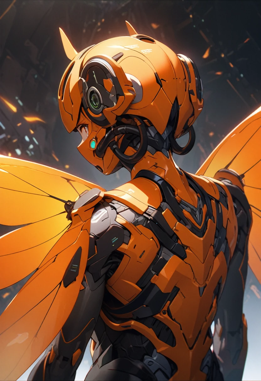 extremely detailed futuristic small orange bug wings on a human's back