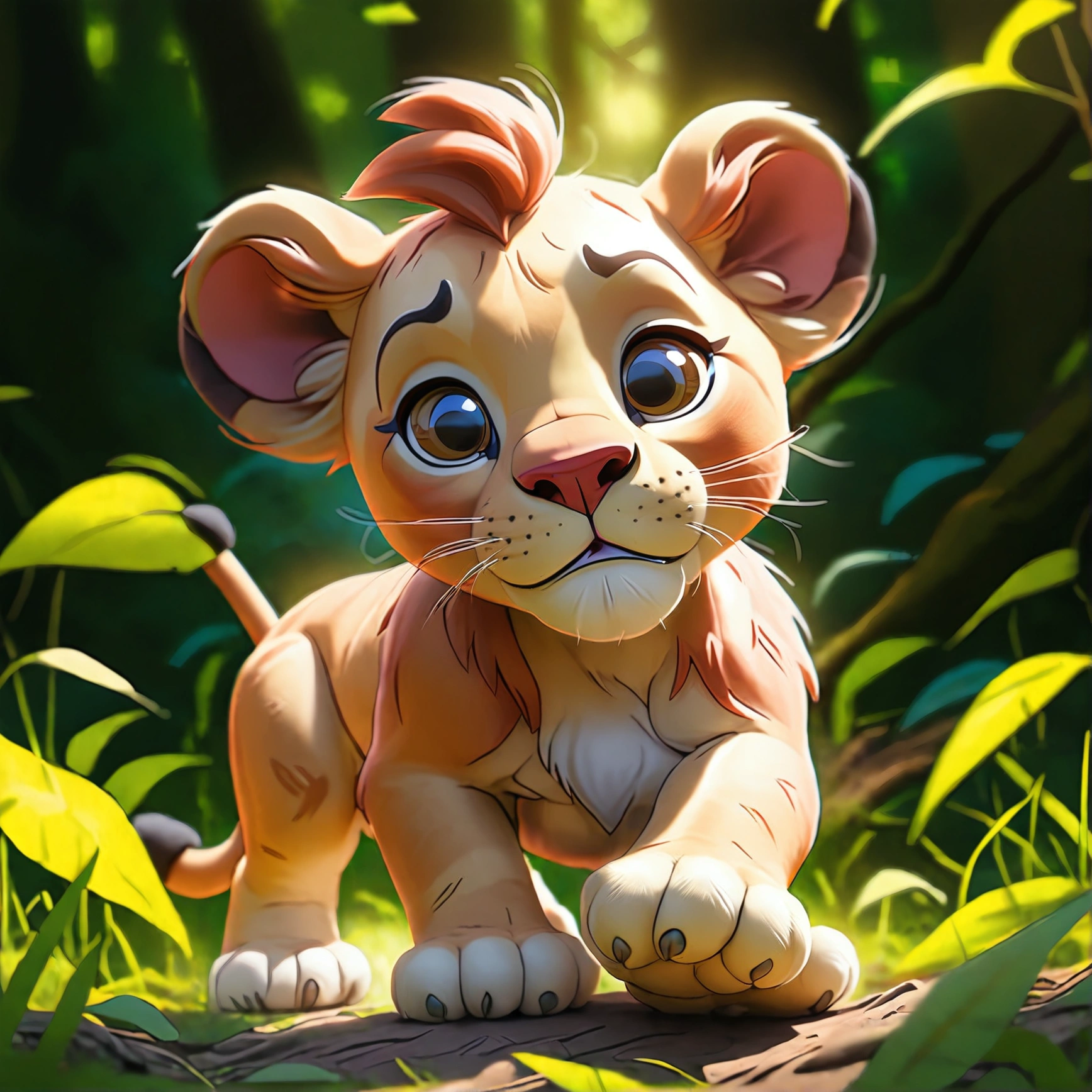 A bright female lion cub is walking in the forest. bright blue sky Sunlight shines through the leaves.