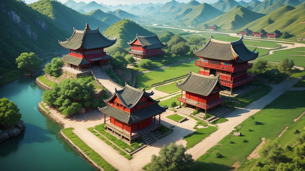 Chinese ancient village, Aerial view, Photorealistic photos, High definition, 8K