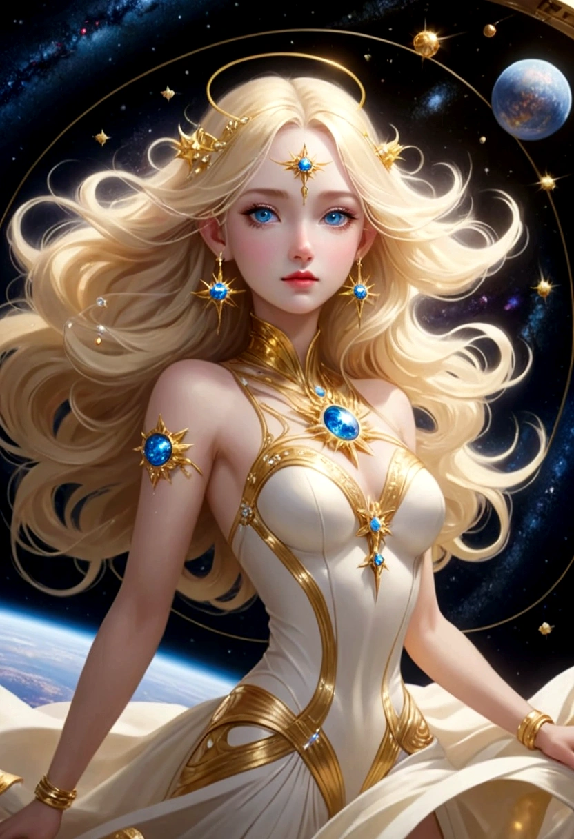 (masterpiece、Highest quality、High resolution、8K)、Alone in space、The most beautiful goddess in the universe、Standing posture、(whole body、so beautiful、Perfect figure)、White Dress、Blonde、Beautiful Blue Eyes、Elegant operation、Gold and diamond jewelry、(floating in space like a star、floating、floating)、(金色の光がwhole bodyを包んでいる)、The universe is full of light、The universe is infinite、In the background there are countless stars and nebulae.、(Realistic:1.3)、High Contrast、