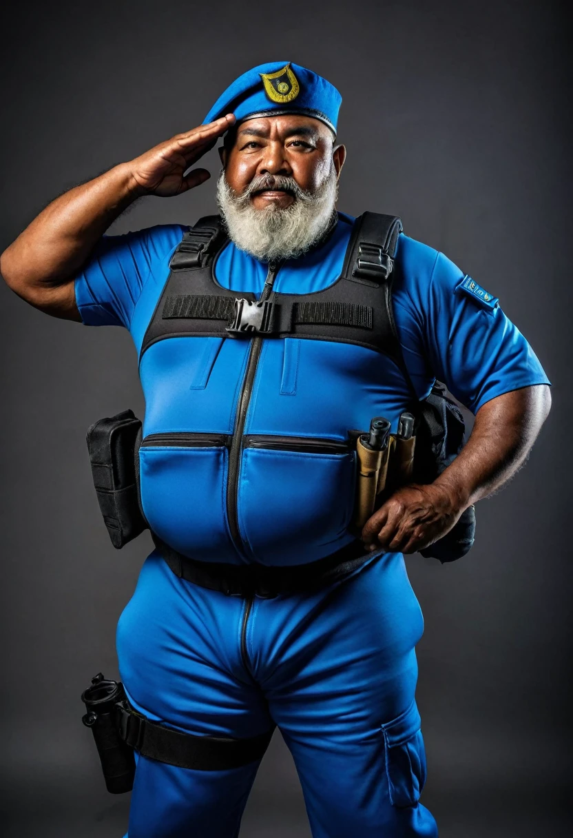 (a dark-skinned bearded fat old man in a bulky blue zipper diver suit) saluting, carrying a gun in holster and (wearing army beret), muscular, Basuki Abdullah, sumatraism, action, a character portrait, heroic, fierce, roaring