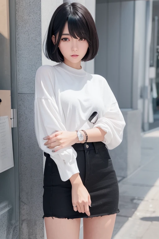 Please draw an illustration of a girl。Black bob hair and brown eyes、Slim and stylish。I&#39;m sitting at home in casual clothes.。