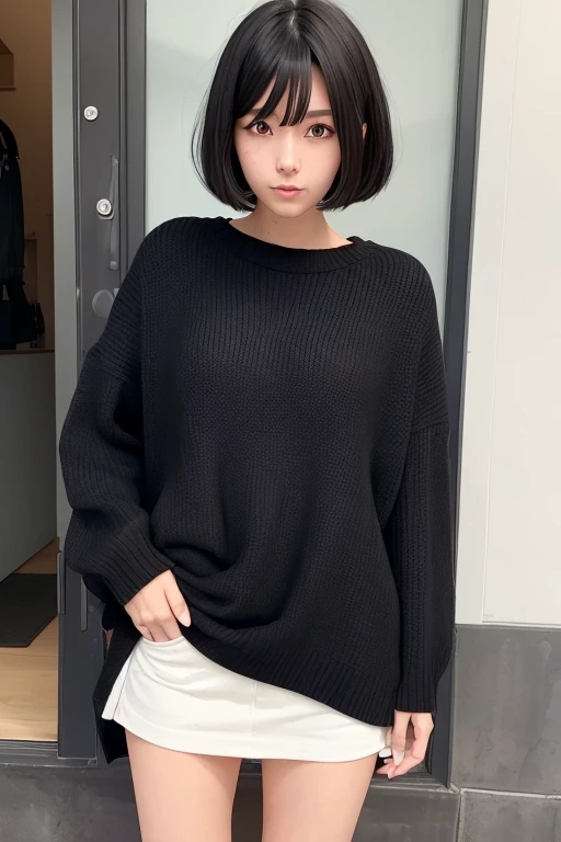 Please draw an illustration of a girl。Black bob hair and brown eyes、Slim and stylish。I'm sitting at home in casual clothes.。