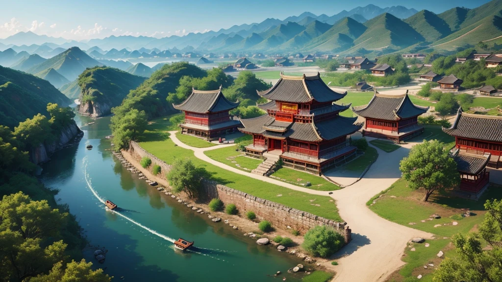 Chinese ancient village, Aerial view, Photorealistic photos, High definition, 8K