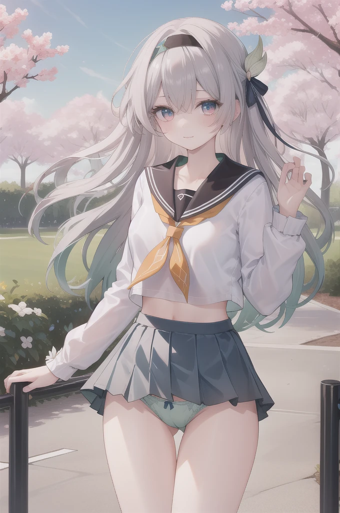 masterpiece,best quality,highres,ultra-detailed,(facing_viewer:1.1),solo,1girl,small breasts,standing,outdoors,garden,cherry blossom,trees,cowboy shot,firefly,black hairband,long hair,grey hair,white_shirt,[[shirt]],long_sleeves,serafuku,bowleg,no_pants,panties,green_panties,underwear,