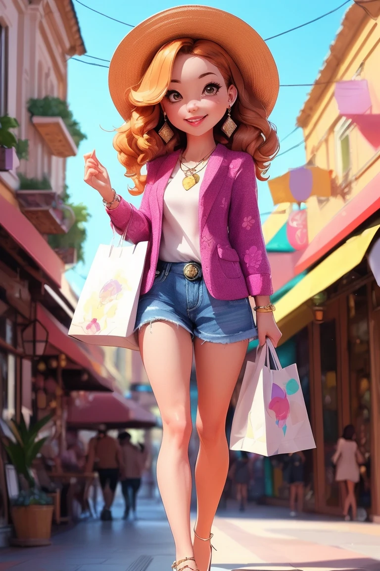 (AI_Misaki),((best quality)), ((masterpiece)), (detailed), 1girl gorgeous light and shadow , bracelet ,necklace ,earrings ,Jewelry , Colombia, Open the robe,Holding a shopping bag,Shopping street with colorful background