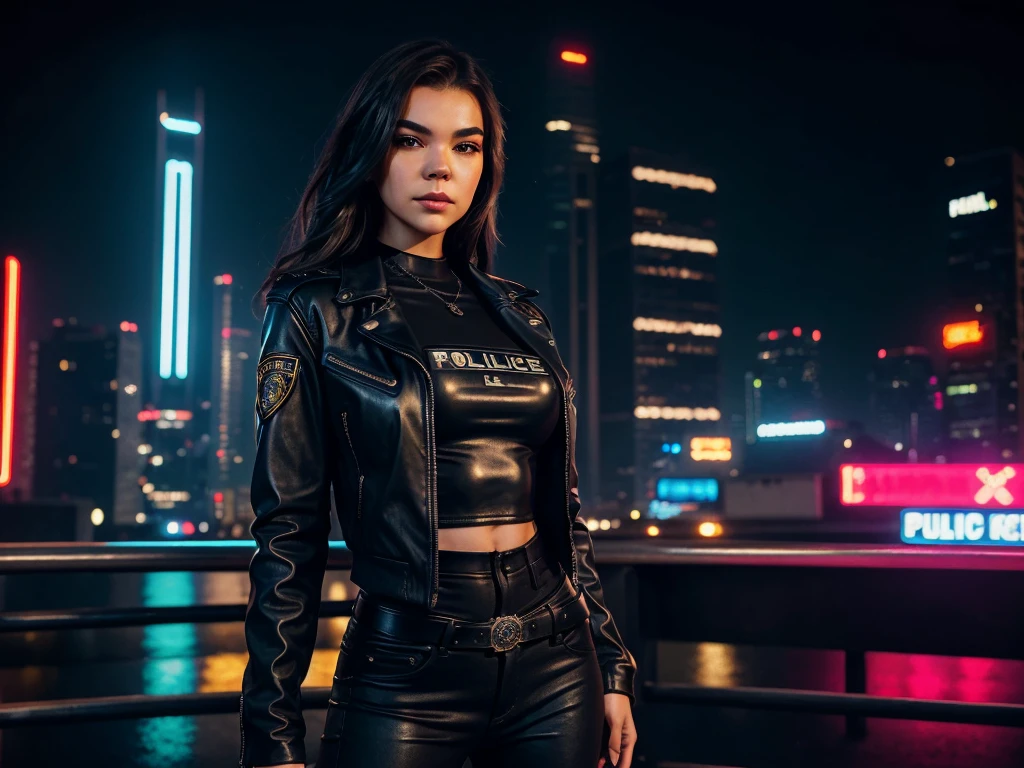 Portrait of emb-haiz, beautiful face, in cyberpunk city at night. She is wearing a leather open jacket,lingerie, black jeans, dramatic lighting, (police badge:1.2).