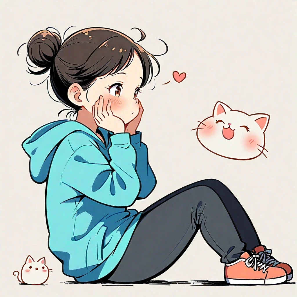 1 Girl, blush, Black Hair, Long sleeve, Brown eyes, shoe, Pants, hood, Hair Bun, from the side, hoodie, contour, animal, black Pants, sit on the floor, single Hair Bun, Chubby cat, hood down, 运动shoe, 粉色shoe类, Put your hands on your face, Put your hands on your cheeks, blue hoodie