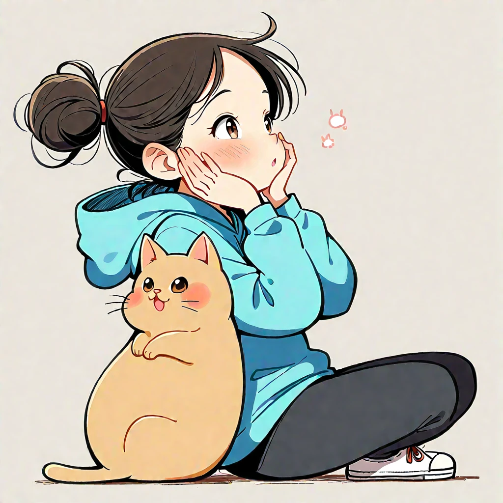 1 Girl, blush, Black Hair, Long sleeve, Brown eyes, shoe, Pants, hood, Hair Bun, from the side, hoodie, contour, animal, black Pants, sit on the floor, single Hair Bun, Chubby cat, hood down, 运动shoe, 粉色shoe类, Put your hands on your face, Put your hands on your cheeks, blue hoodie