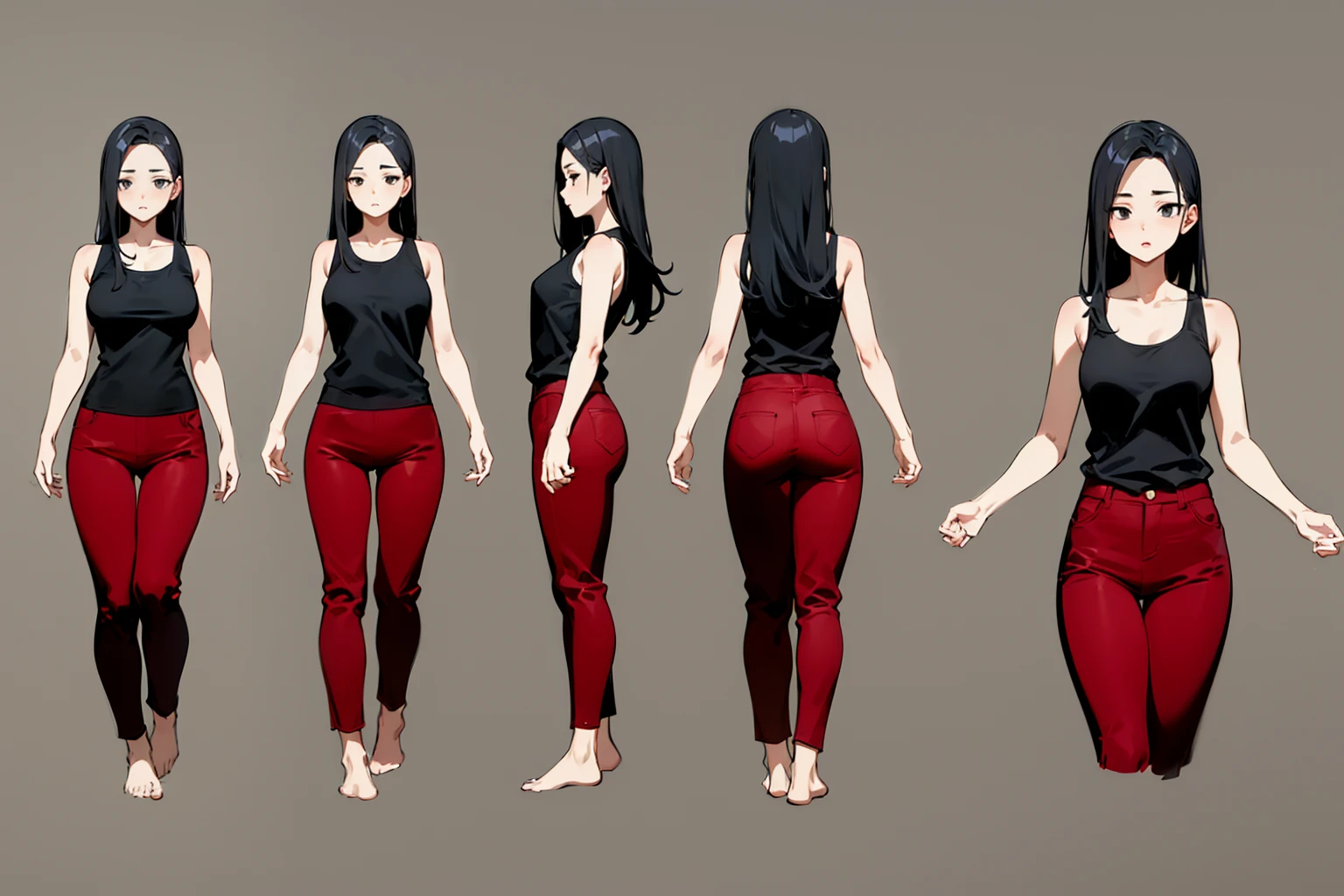 masterpiece, best quality, absurdres, 1girl, mature female, small breast, forehead, white hair, straight hair, long hair, black eyes, empty eyes, black tank top, red pants, bare feet, white background, simple background, model sheet, turnaround