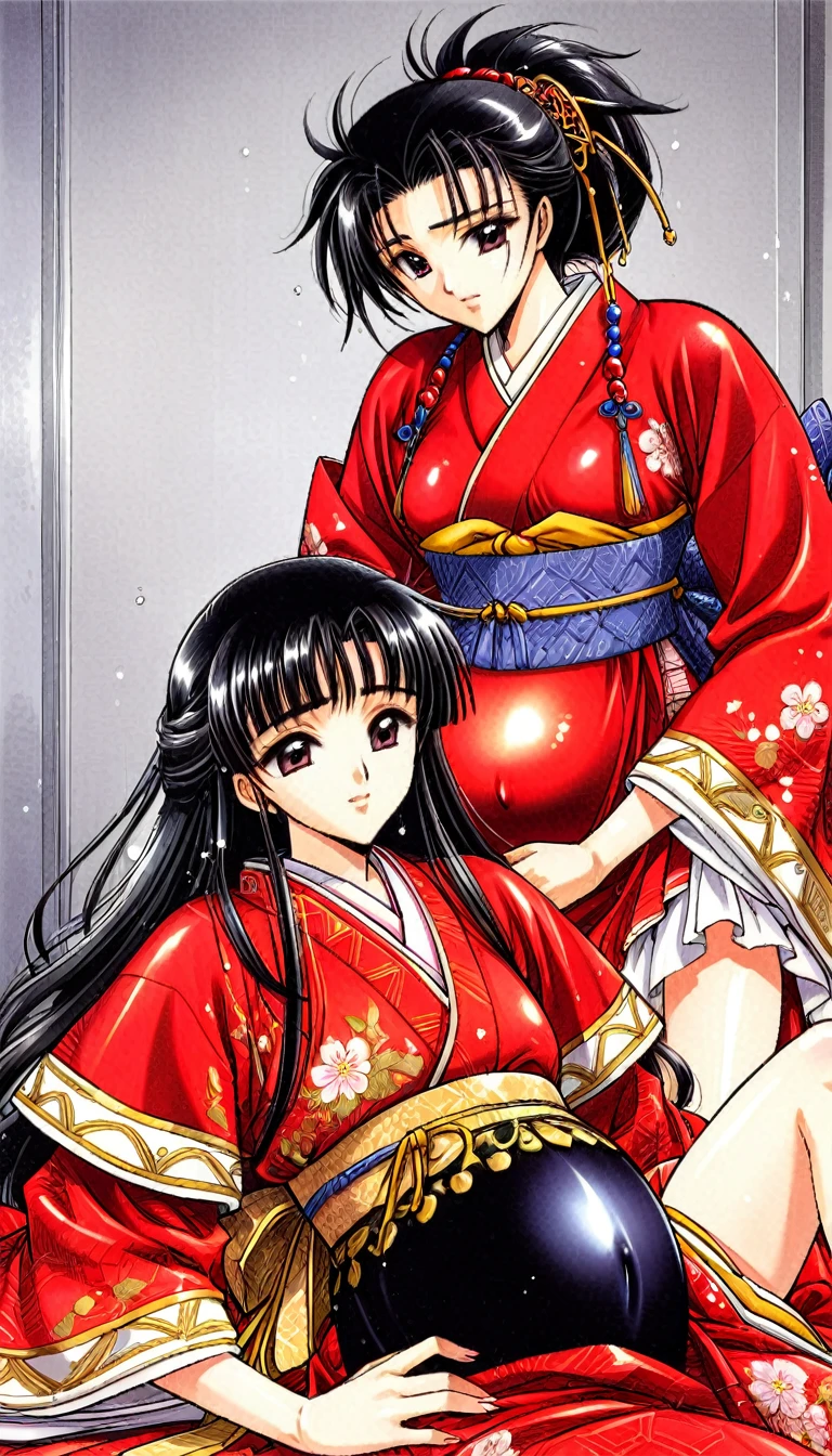 A beautiful 15-year-old pregnant princess from the Sengoku period with long black hair　Gorgeous embroidery, Ultra glossy, She is wearing a shiny red long-sleeved floral layered kimono.... Red kimono jacket　She lies on her back in front of her lover, spreading her legs and showing him her pussy