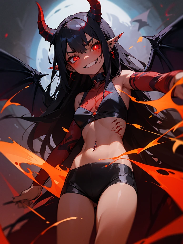 masterpiece, best quality, demon girl, red skin, very young girl, , red skin, red eyes, dilated pupils, glowing eyes, pointed teeth, pointed ears, horns, black hair, evil grin, navel piercing, demon wings, demon tail, night sky